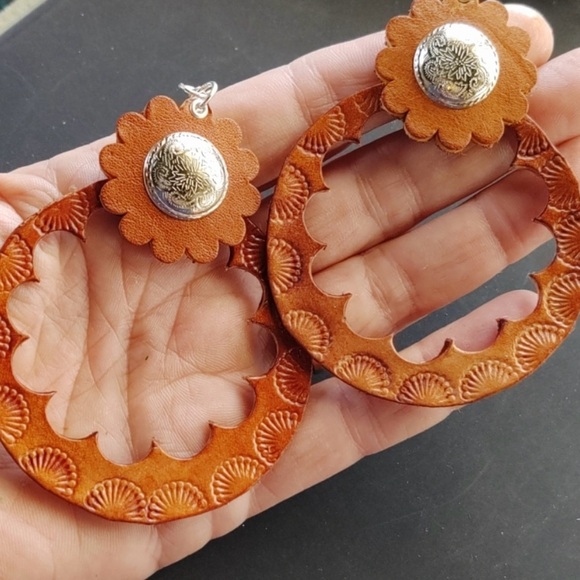 Jewelry - Handmade Tooled Leather Concho Earrings 
Size: